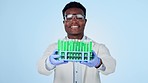 Inspection, scientist or black man with vials for research, medical innovation or healthcare. Smile, face portrait and African doctor with check on samples for fluid or chemical on studio background