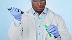 Scientist, man and doctor with pipette for biochemistry, medical innovation and genetic engineering for results. Black person, research and test tube for science, experiment or healthcare in mockup