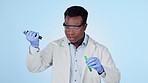 Scientist, man and doctor with pipette for experiment, medical innovation and genetic engineering for results. Black person, biochemistry and test tube for science, research for healthcare in mockup