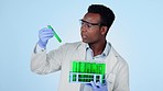 Black man, confused scientist and test tube for research, study or experiment in studio isolated on blue background. Chemistry, science expert and inspection of vials, check sample and medical liquid