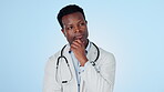 Thinking doctor, serious black man and doubt in studio isolated on a blue background mockup space. Idea, confused medical professional and decision making, problem solving and planning healthcare