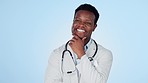 Thinking doctor, idea and happy black man in studio isolated on a blue background mockup space. Smile, medical professional decision making or problem solving, planning health solution or inspiration