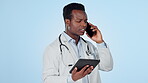 Black man, phone call and tablet with doctor problem, communication and stress about results. Frustrated, African medical employee and a mobile conversation and tech on a studio background with anger