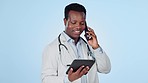 Black man, doctor and phone call with tablet for healthcare advice or Telehealth against a studio background. African male person, surgeon or medical professional consulting on mobile smartphone