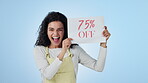 Woman, poster and sale or happy in studio for marketing, advertising or fashion deal on blue background. Person, portrait or paper promotion with profit, savings or price offer and discount on mockup