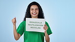 Woman, activist and reduce for recycle and reuse for sustainability, eco friendly and environmental work. Climate change, encourage and blue studio background for pollution, and earth accountability 