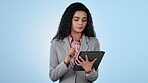 Business, woman and tablet in studio for internet, web search and networking with agree expression on mock up. Entrepreneur, person or touchscreen or technology for online shopping on blue background