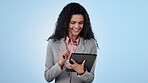Business, woman and tablet in studio for search, internet scroll and networking with happiness on mock up. Entrepreneur, person and touchscreen or technology for online shopping on blue background
