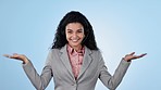 Customer service, happy woman or palm gesture, choice or call center offer, studio decision or help desk option. Telemarketing, scale balance or portrait of mockup space comparison on blue background