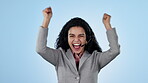 Business woman, winner and call center celebration, success or excited for sales or bonus in studio. Face of telemarketing agent with wow, yes and happy for promotion or news on a blue background
