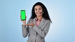 Woman, call center and phone green screen for contact us, join us or telemarketing mockup on blue background. Face of agent or telecom consultant with online presentation, web or mobile app in studio