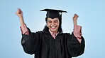 Graduation success, celebration or happy student in studio with education, college or university goal. Smile, win or proud graduate excited by learning achievement or scholarship on blue background