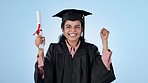 Graduation success, certificate or excited student in studio with education, college or university goal. Woman, face or happy graduate with diploma, achievement or scholarship on blue background 