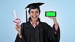 Education, certificate and woman face with green screen phone in studio for sign up on blue background. University, graduation and excited student portrait with smartphone app news, faq or contact us