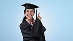 Choice, graduate or woman pointing at studio for news, university promotion or bad school review. Mockup space, wrong option or face of student with timeline, checklist or chart on blue background