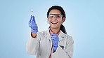 Face, woman and doctor with vaccine, healthcare or experiment on blue studio background. Portrait, medical professional or scientist with vials, test tube or choice with needle, injection or wellness