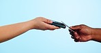 Customer, hands and credit card on pos machine for payment, purchase or buying against a studio background. Closeup of people tap to pay, easy banking or mobile and electronic transaction on mockup