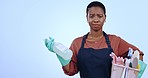 Doubt, face and black woman with a product for cleaning, confused and frustrated with a spray. Problem, shrug and portrait of an African cleaner with a bottle for housekeeping on a studio background