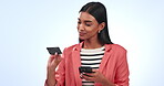Business, phone or woman in studio with credit card for a financial investment on digital fintech. Mobile app, ecommerce payment or person typing banking data for online shopping on white background
