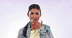 Face, surprise and woman with wow, reaction and facial expression on a white studio background. Portrait, girl and model with emotions, secret and omg with gossip, news and announcement with shock