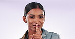 Woman, secret and gossip for news, quiet gesture and silence for privacy, drama and whisper. Confidential, private and shush emoji for mystery, portrait or studio background for mystery, mute or lips