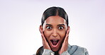 Wow, surprise or face of a happy woman in studio excited by news, announcement or promotion. Wtf, smile or portrait of a Indian person with shocked, emoji or omg facial expression on white background