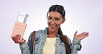 Wow, tickets and an indian woman excited for a travel flight as a tourist in studio on a gray background. Portrait, smile and surprise with a happy young passenger holding an airport boarding pass