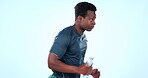 Fitness, running and black man training cardio, muscle and endurance isolated in a studio blue background. Energy, wellness and runner or person exercise or workout for strength, sports or marathon