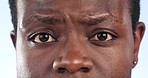 Black man, face and closeup on attention to surprise, news or listening to conversation on white background in studio. Person, portrait and shocked reaction to announcement, update or information