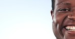 Happy black man, face and teeth on mockup for dental or hygiene against a studio background. Closeup portrait of African male person with big smile in happiness for oral, mouth or gum healthcare