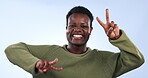 Peace, face and happy man in studio for sign of winner, success and vote on blue background. Portrait, african model and v emoji for victory, hope and icon of freedom, support and winning celebration