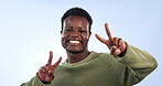 Peace, smile and face of black man in studio for winning, success and feedback of vote on blue background. Portrait, model and emoji of v sign for victory, hope and icon of freedom, support and pride