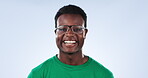 Volunteer, glasses and happy black man for charity outreach project, studio pollution support or community service foundation. Eyeglasses, climate change help or NGO model portrait on blue background