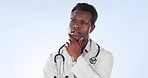 Thinking, black man and doctor with healthcare, medical and wellness planning in studio. Question, job problem solving and surgeon with work ideas and ready to start working with blue background