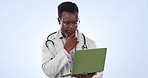 Laptop, doctor and black man in studio for medical service, care and online support for hospital. Healthcare, consulting and person on computer for website, research and internet on blue background