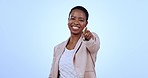 Black woman in studio with smile, pointing at you and opportunity with job recruitment business. Choice, decision and hiring, portrait of happy businesswoman in human resources on blue background.