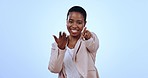 Black woman in studio with smile, pointing at you and invite to job recruitment, business or deal. Choice, decision and hiring, portrait of happy businesswoman in human resources on blue background.
