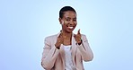 Black woman in studio with smile, pointing hands at you and opportunity at job recruitment business. Choice, decision and hiring, portrait of happy businesswoman in human resources on blue background