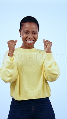 Studio, celebration and black woman excited for reading winning news