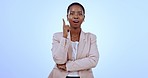 Portrait of black woman in studio, thinking and eureka with question, solution and problem solving decision. Ideas, insight and brainstorming, happy businesswoman planning on blue background mockup.