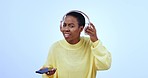 Question, headphones and black woman listening to music, dance and cant hear. Confused, portrait and person on radio, streaming audio on phone and doubt in studio isolated on a blue background mockup