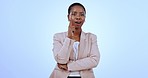 Portrait of black woman in studio, thinking and solution with question, eureka and problem solving decision. Ideas, insight and brainstorming, happy businesswoman planning on blue background mockup.
