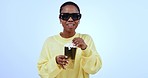 Face, 3d glasses and black woman with popcorn, movie and entertainment on a blue studio background. Portrait, African person and model with cinema snack, treats and eyewear with film and television