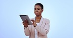 Tablet, business woman and smile from web research, typing and email in studio. African female professional, tech and SEO update of company website with internet app and blue background with worker