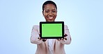 Portrait of black woman with tablet, green screen and smile in studio for digital app, website or social media. Happy businesswoman, smartphone or chromakey in networking on blue background mockup