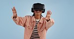 Vr, game and portrait of woman with hands in blue background, studio and mockup with futuristic technology. Augmented reality, media and girl gaming, ux and ui in video or online tech for games