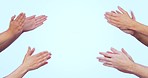 Applause, celebration and group of hands in studio for motivation, win and success. Praise, cheers and people clapping in support, congratulations and surprise winner announcement on blue background