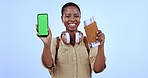 Green screen, phone and black woman face with plane ticket, airport information and happy for trip. Travel, vacation and tracking markets for holiday deal and African female person with passport