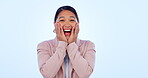 Face, corporate news and excited woman surprise, happy or smile for success feedback, report or promotion. Winner achievement portrait, announcement and studio person winning bonus on blue background