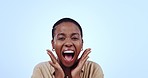 Excited, black woman and face from surprise, win and announcement in a studio. Wow, yelling and happy smile of a African female person with achievement, promotion and good news with blue background